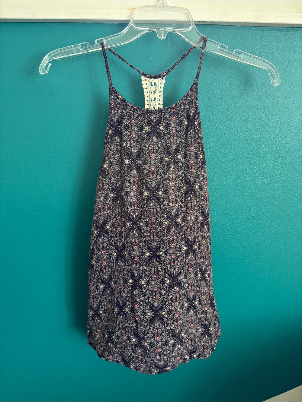 Kaileigh Navy Patterned Tank with Crochet Back Detail